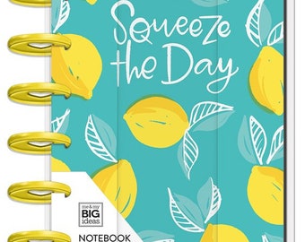 May include: A turquoise and yellow lemon-themed Happy Planner notebook with the text "Squeeze the Day". The notebook has 60 dot grid sheets and measures 4.125 inches by 9.25 inches.