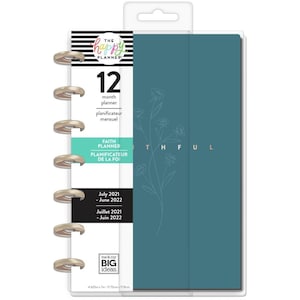 May include: Teal blue monthly planner with a floral design and the word "Faithful" in gold lettering. The planner is 4.25 inches by 7 inches and 17.8 cm by 17.8 cm.
