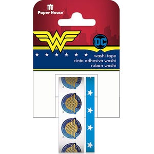 May include: A roll of blue and white washi tape with a repeating pattern of Wonder Woman's logo. The tape is packaged with a red, white, and blue background with the DC Comics logo and the text "washi tape, cinta adhesiva washi, ruban washi".