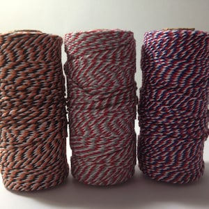 Cotton Baker&#39;s Twine - 110 Yard Roll - 12 ply - Black/Orange/White, Grey/Red/White, Red/Blue/White