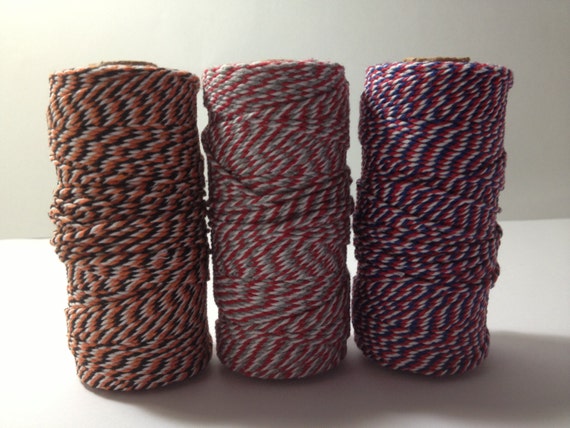 Cotton Baker's Twine 110 Yard Roll 12 Ply Black/orange/white,  Grey/red/white, Red/blue/white 