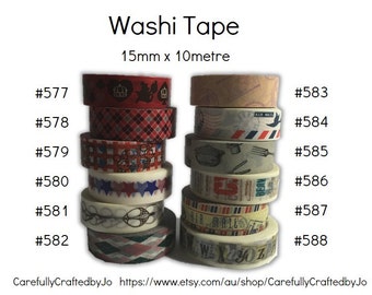 May include: Assortment of ten rolls of decorative washi tape, each with a different pattern. The tape is 15mm wide and 10 meters long. The patterns include red and white plaid, stars, and a variety of vintage designs.