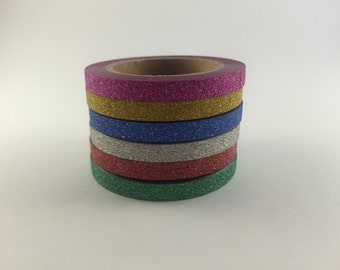 Thin Glitter Washi Tape - Set of 6 -  Washi Tapes - 5mm x 5 metres each - High Quality Masking Tape