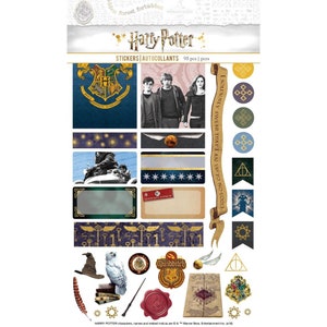 May include: A sheet of 95 Harry Potter stickers featuring characters, symbols, and quotes from the popular book and movie series. The stickers are on a white background with a gold border.