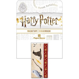May include: A roll of Harry Potter themed washi tape featuring images of a Sorting Hat, a lightning bolt, a broom, and a snowy owl. The tape is red with gold stars. The text "WASHI TAPE | RUBAN WASHI" and "Paper House" is printed on the packaging.