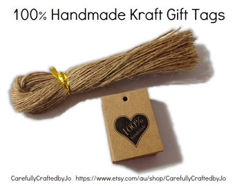 25, 50,100 100% Handmade Kraft Heart Gift Tags Die Cut & Twines DIY Gift Tags - favours,gift tags,goodie bag tags, price tags