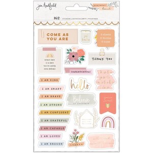 May include: A sheet of 162 stickers with positive affirmations and inspirational quotes. The stickers feature a variety of colors and designs, including flowers, rainbows, and hearts. The stickers are perfect for adding a touch of positivity to your planner, journal, or scrapbook.