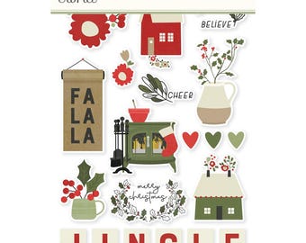 May include: A sticker book featuring festive Christmas-themed stickers. The stickers depict red houses, floral designs, a fireplace, a wreath, and the phrases "Believe", "Cheer", "Fa La La", "Merry Christmas", and "Jingle". The book is titled "The Holiday Life".