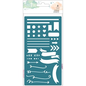 May include: A teal blue stencil sheet with 3 different stencils for crafting. The stencils include various shapes, lines, and arrows. The sheet is packaged in a clear plastic sleeve with the text "Creative Devotion" and "Stencils" printed on it.