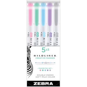 May include: A set of five Zebra Mildliner double-ended highlighters in a variety of pastel colours. The colours are pink, green, blue, purple, and grey. The packaging features a zebra print and the text "Mildliner Creative Marker" and "Favorites Set".