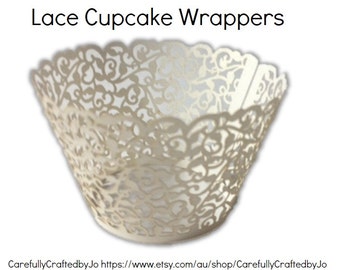 Set of 12, 24, 36 White Lace Cupcake Wrappers - Wedding, Engagement, Parties, Events