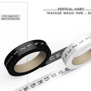 May include: Two rolls of vertical habit tracker washi tape, one black and one white, with numbers 1-30 printed on them. The tape is 5mm wide and fits 5mm dot grid notebooks.
