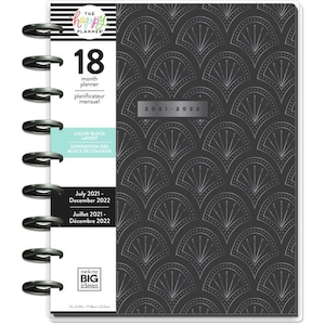 May include: Black and silver 18-month planner with a geometric pattern and the text "The Happy Planner" and "2021-2022".