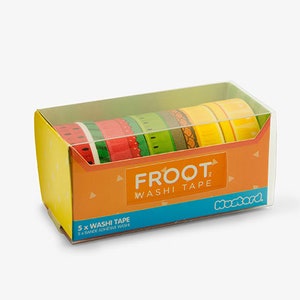 May include: A set of five colorful washi tapes featuring fruit designs. The tapes are packaged in a clear plastic box with a yellow background and the text "Froot Washi Tape" printed on the front. The box also includes the text "5 x Washi Tape 5 x Bands Adhesive Washi"