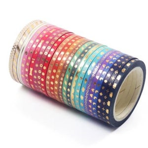 Washi Tape Set of 24 - Thin Skinny Foil Rainbow Washi - 3mm x 5 metres each