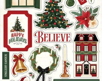 May include: A Christmas-themed sticker book with die-cut cardstock stickers. The stickers depict festive images such as a Christmas tree, Santa Claus, a wreath, and the words "Believe" and "Happy Holidays". The book contains 16 pages.