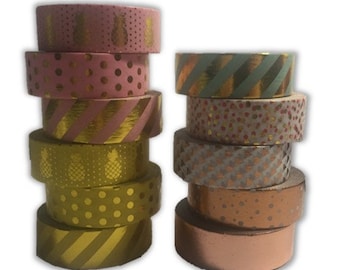 Washi Tape - Folie - Gelb, Pink, Grün, Roségold & Gold Designs - je 15mm x 10 Meter - Hochwertiges Klebeband