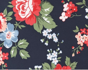 Moda Fabric - Dwell - Camille Roskelley - Cottage Large Floral Rose - Navy #55270 12 - 50cm