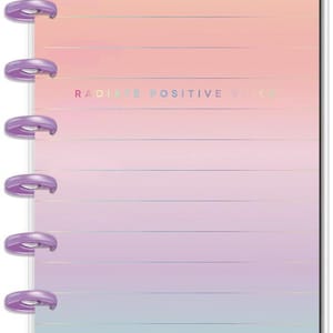Può includere: Un quaderno con una copertina in plastica trasparente e sei anelli viola. Il quaderno è di colore sfumato in rosa pastello, viola e blu. Ha pagine a righe e il testo "RADIATE POSITIVE VIBES" stampato sulla copertina.