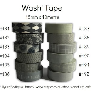 May include: Assortment of 10 rolls of washi tape in various grey and green patterns. The tape is 15mm wide and 10 metres long. Each roll is labelled with a number from 181 to 192.