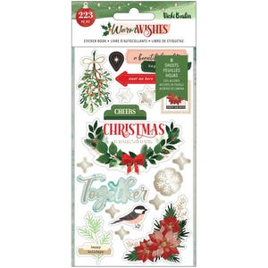 May include: A sticker book with a Christmas theme. The stickers feature festive designs, including a wreath, a bird, a poinsettia, and the words "Christmas countdown" and "Together".