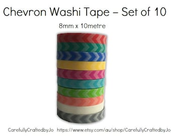 Washi Tape Pack - Set of 10 - Chevron - Pink, Green, Yellow, Orange, Blue, Purple, Grey, Aqua - 8mm x 10mtr