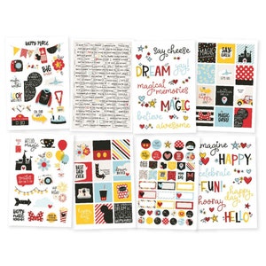 May include: A set of colourful stickers featuring Mickey Mouse and other Disney characters. The stickers have a variety of designs, including Mickey Mouse ears, a castle, and the words "Happy Place", "Dream Big", and "Magic Days".