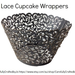 Set of 12, 24, 36 Black Lace Cupcake Wrappers - Wedding, Engagement, Parties, Events