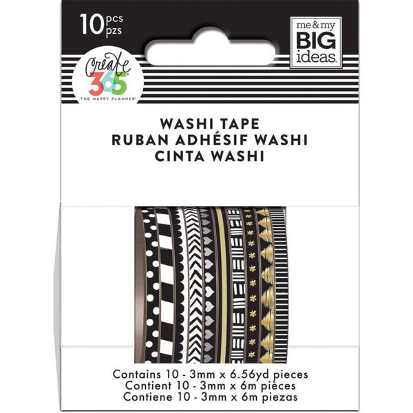 Me and My Big Ideas - The Happy Planner - Mini Washi Tape - 3mm - Set of 10 - Black and White - Skinny Thin Washi