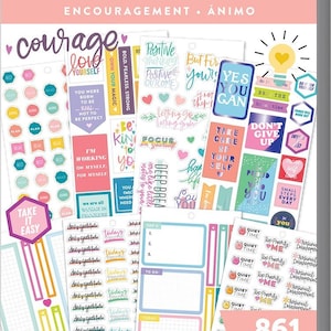 May include: A sticker sheet set with 861 pieces featuring colourful stickers with motivational quotes and phrases such as "Courage", "Love Yourself", "Take It Easy", "Yes You Can", "Don't Give Up", "Deep Breath", "Focus on Yourself", "Kind to You", "Quiet Time", "Top Priority Me", and "Personal Development".
