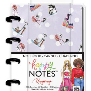 May include: A purple and white notebook with a colorful shoe pattern. The notebook cover has the text "happy NOTES" and "Rongrong". The notebook is 3 inches by 4 inches and has 60 sheets of sketch paper.