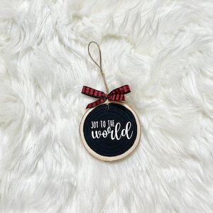 Joy to the World Black and White Painted Wood Slice Ornament | Holiday Christmas Tree Decoration