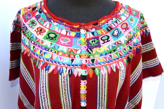 Vintage Huipil: Maya Red Hand Embroidered Guatemala - Gem