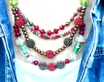 Necklace: Lampwork Glass Beads, Multi-Strand Red