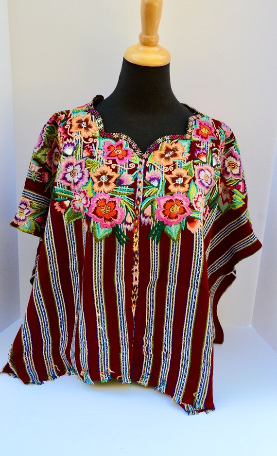 Huipil  Floral Red Blouse Textiles Embroidered