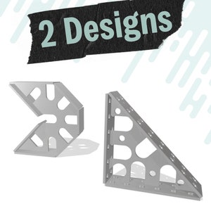 May include: Two different designs of metal corner brackets. The first design is a 90-degree corner bracket with a series of holes around the perimeter. The second design is a 45-degree corner bracket with a series of holes around the perimeter.