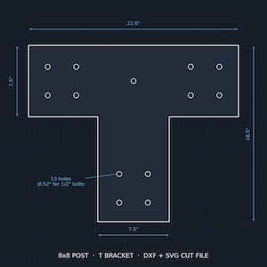 May include: A T-shaped metal bracket design for an 8x8 post, featuring 13 holes with a 0.52-inch diameter for 1/2-inch bolts. The technical drawing shows a total width of 22.0 inches, a height of 18.5 inches, and a 7.5-inch width for the base and top.