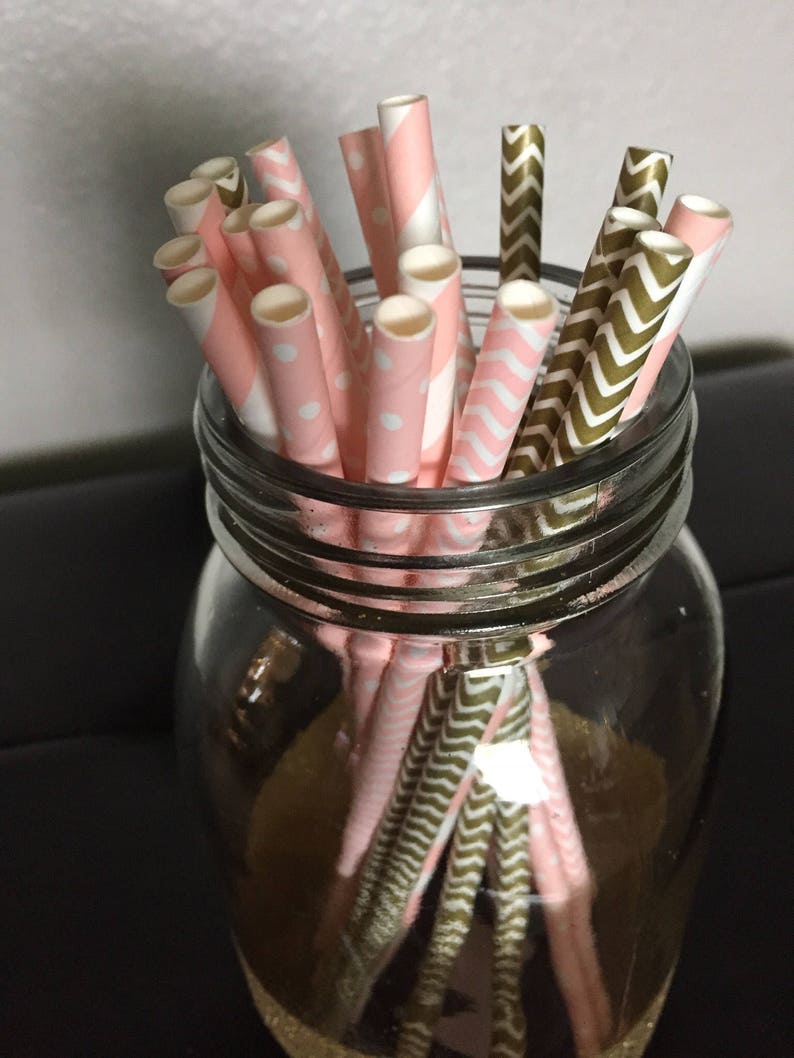 25 Count Gold /& White Chevron Straws