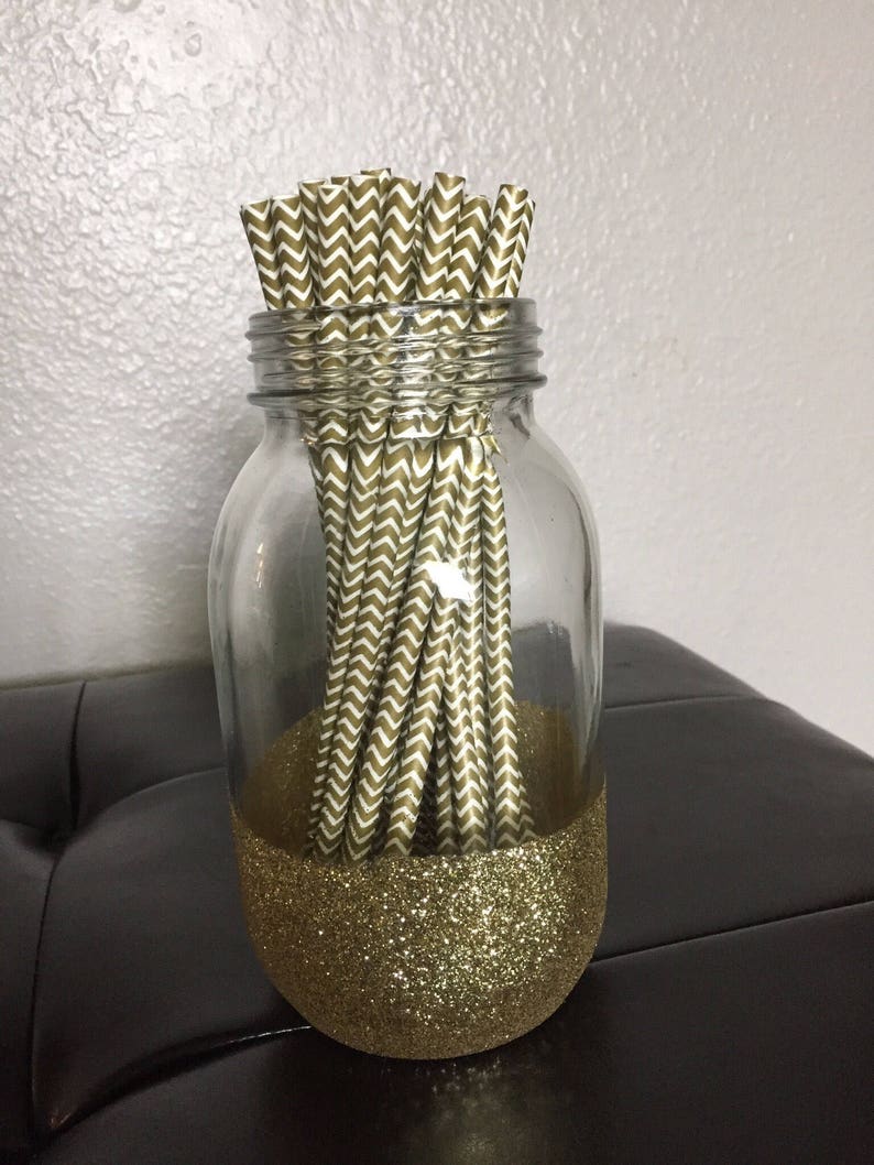 25 Count Gold /& White Chevron Straws
