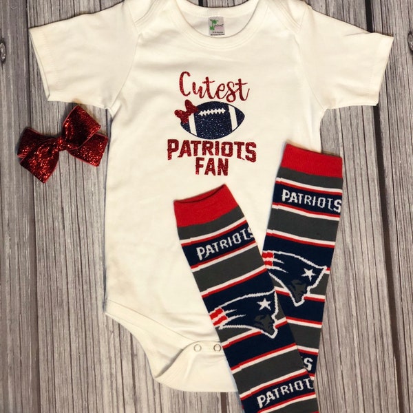Cutest Patriots fan bodysuit or Tshirt, girl football bodysuit, glitter football bodysuit, bodysuit or Tshirt, Patriots 3 piece set