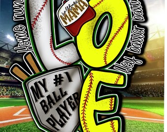 Baseball Mom Love SVG | Softball Mom SVG | My #1 Ball Player | Game Day Mom Shirt Design | Baseball Softball Mom PNG | Digital Download