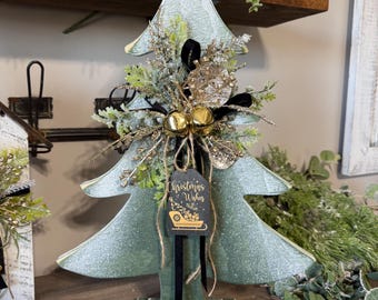 Hand made wooden tree with jute, jingle bells, tags, Christmas tree, tree on stand, mantle & shelf decor