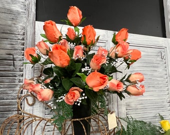 Memorial Day cemetery vase -  tombstone arrangement, Salmon and orange colored  roses - Spring cemetery flowers- Ground vase