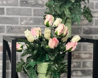 Memorial Day - cemetery vase inserts-  Rosebud graveside arrangement ~ Spring cemetery flowers -styrofoam vases-matching side pieces