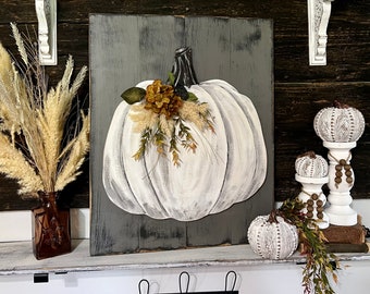 White pumpkin, fall wall decor,  hand painted pumpkin sign. Neutral fall decor pumpkin cutout on wood sign