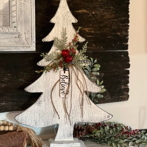 Hand made wooden tree with jute, jingle bells, tags, Christmas tree, tree on stand, mantle & shelf decor image 4