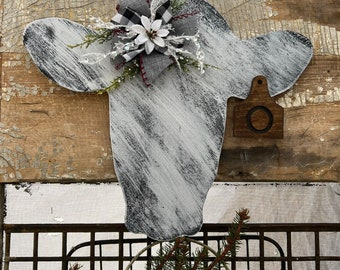 Cow head Christmas/ Winter door hanger with personalized initial ear tag. front porch wreath, entry way decor