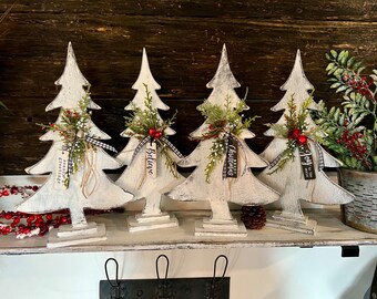 Hand made wooden tree with jute, jingle bells, tags, Christmas tree, tree on stand, mantle & shelf decor