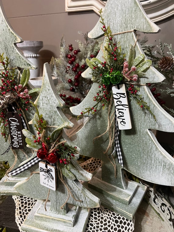 Hand made green snow covered wooden tree with jute, jingle bells, tags,  Christmas tree, tree on stand, mantle & shelf decor