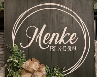 Customized family name sign with hand drawn wreath, burlap bow, floral, anniversaries, weddings, gifts